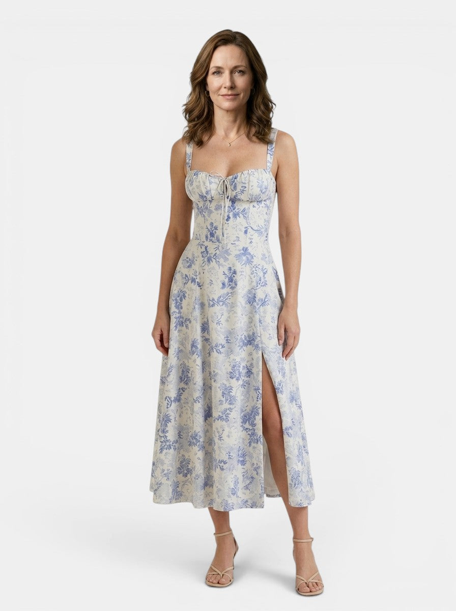 Marguerite — Floral Corset Midi Dress With Elegant Flowing Skirt Design