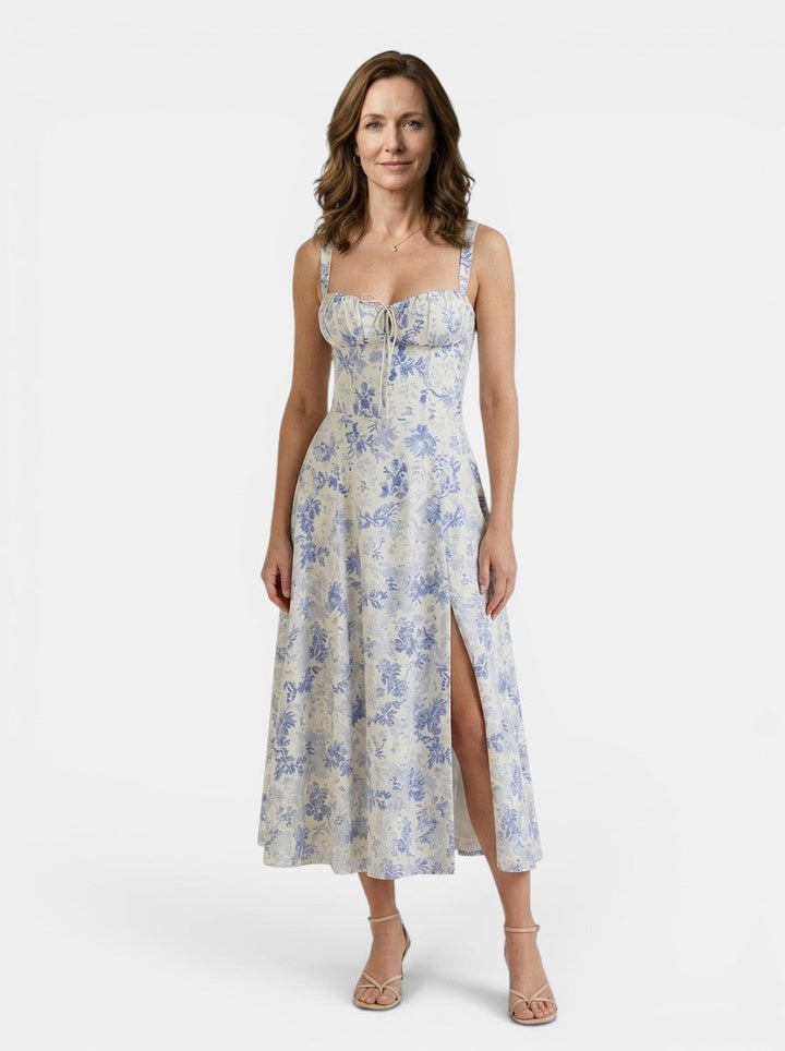 Marguerite — Floral Corset Midi Dress With Elegant Flowing Skirt Design