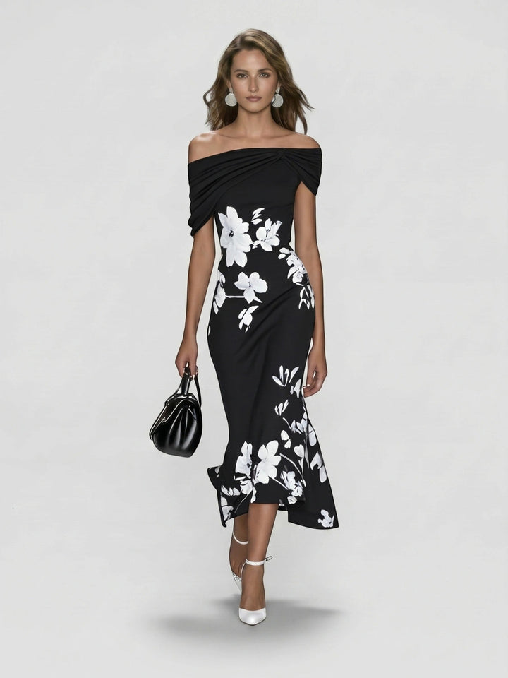 Floralmidi — Floral Midi Dress With Elegant Off-Shoulder Summer Wedding Guest Design
