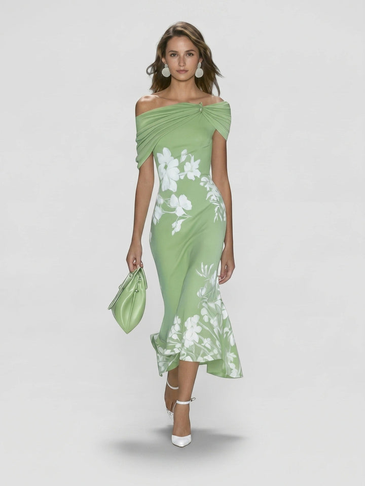 Floralmidi — Floral Midi Dress With Elegant Off-Shoulder Summer Wedding Guest Design