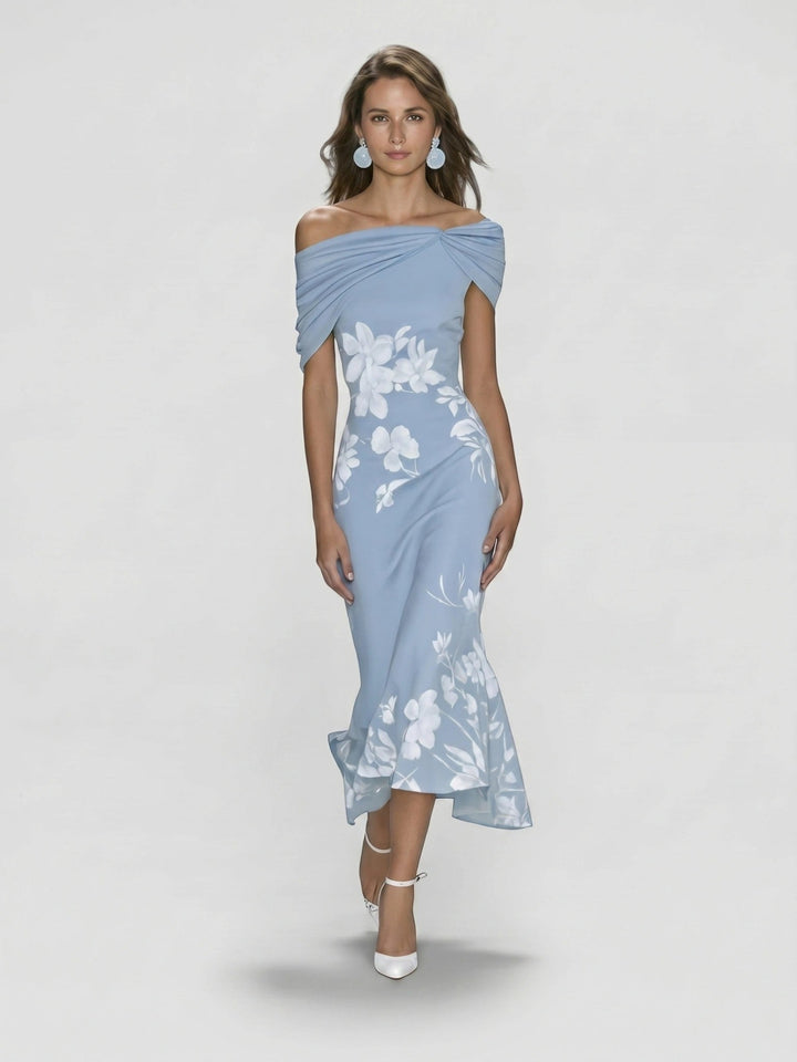 Floralmidi — Floral Midi Dress With Elegant Off-Shoulder Summer Wedding Guest Design
