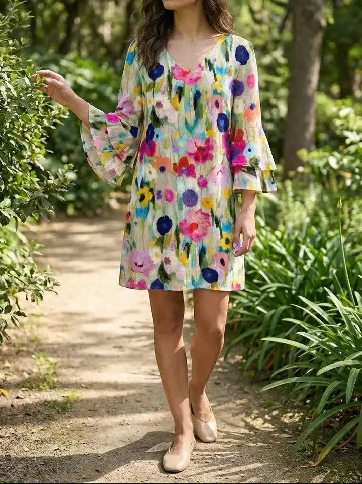 Florence — Floral Print Mini Dress With Elegant V-Neck Summer Design For Special Occasions