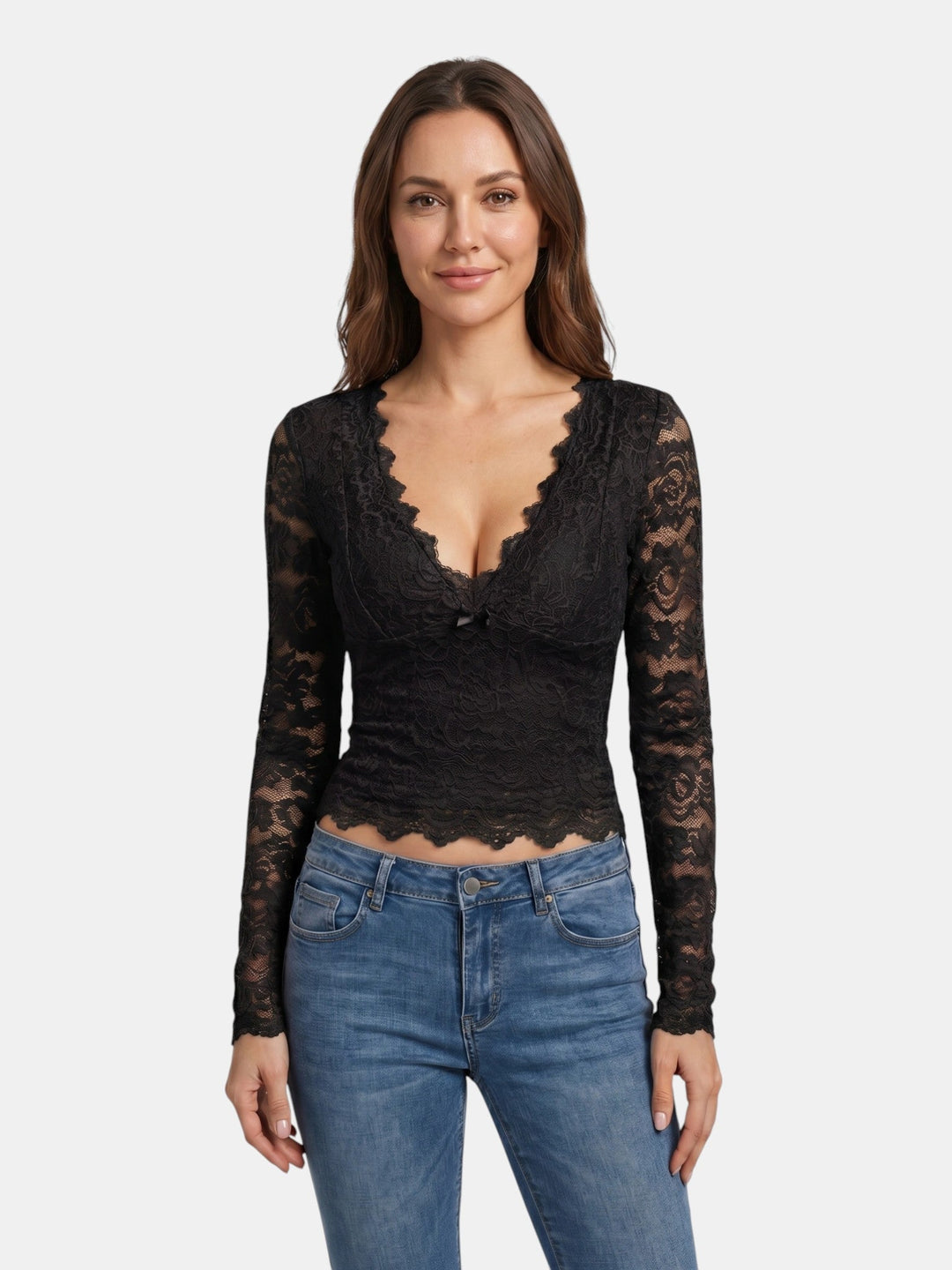 Scarlett — Floral Stretch Lace Crop Top With Elegant Sheer Scalloped Edges