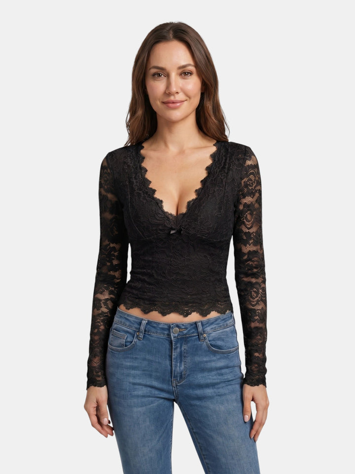 Scarlett — Floral Stretch Lace Crop Top With Elegant Sheer Scalloped Edges