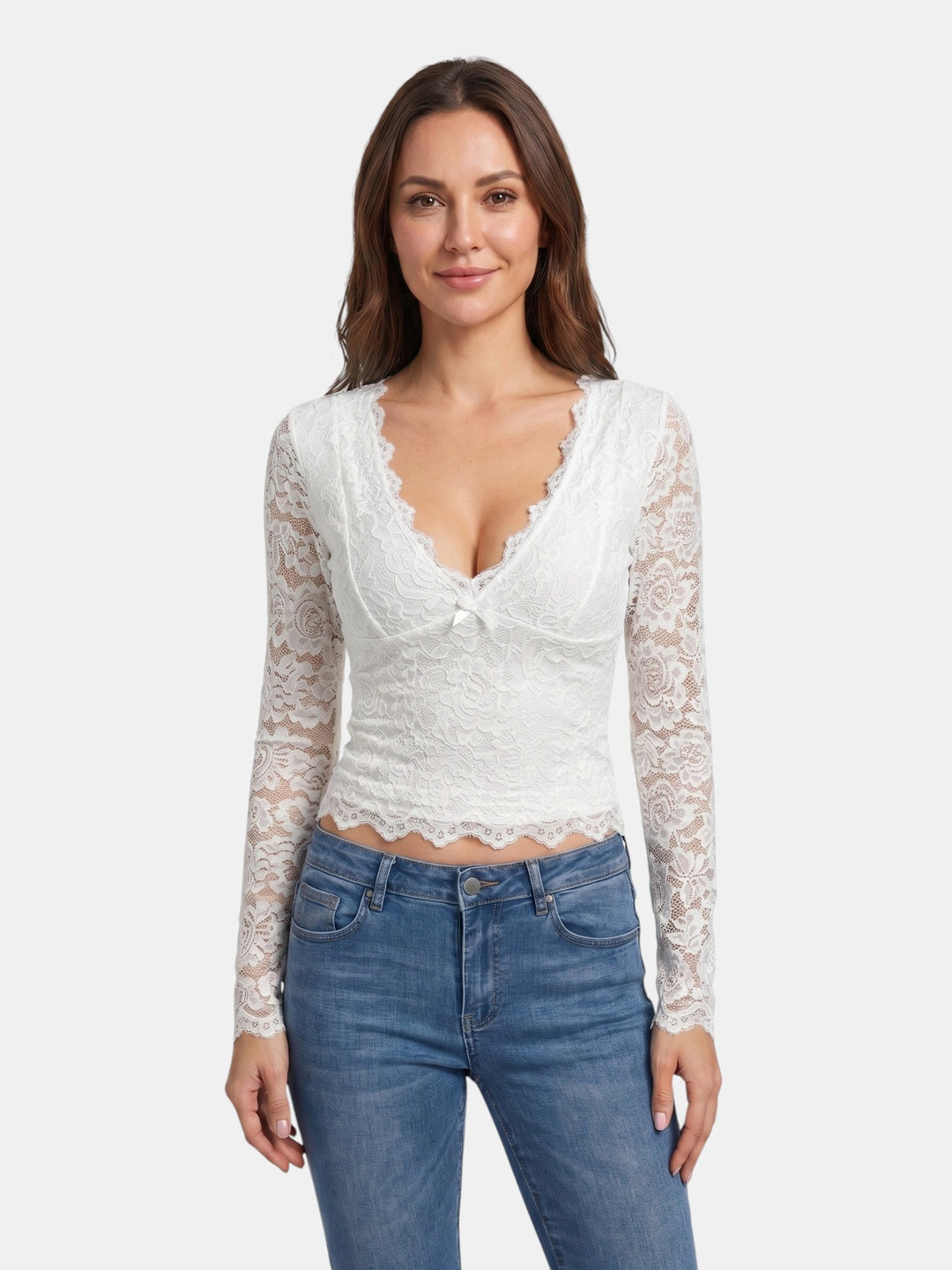 Scarlett — Floral Stretch Lace Crop Top With Elegant Sheer Scalloped Edges