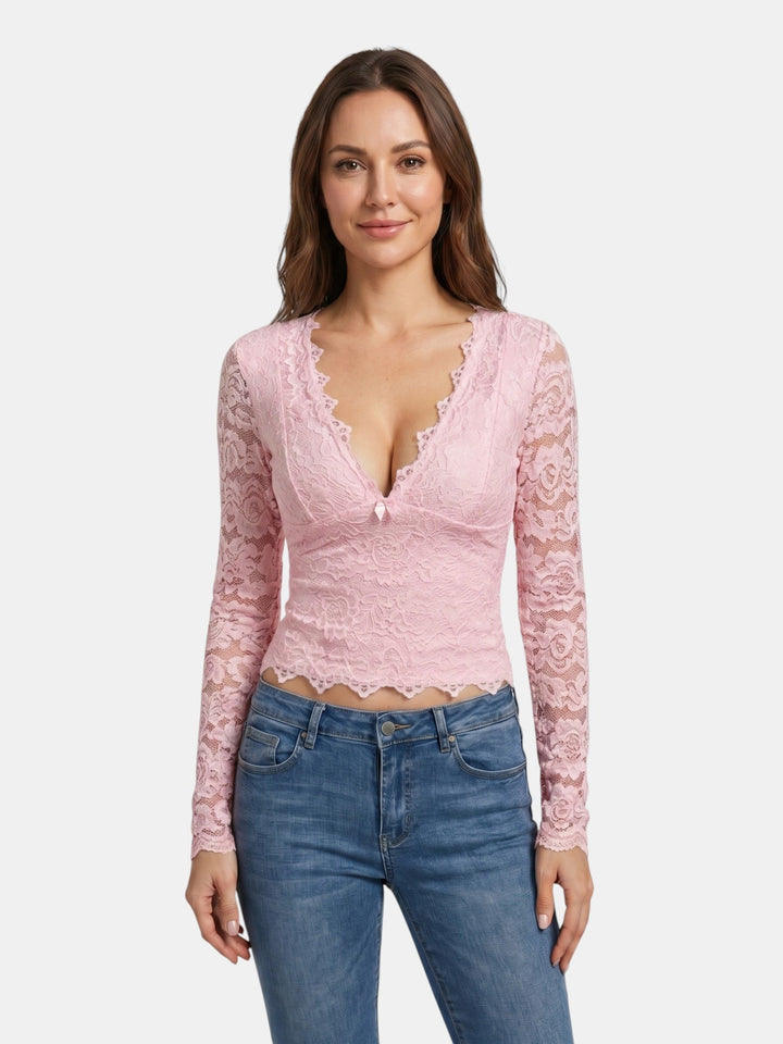 Scarlett — Floral Stretch Lace Crop Top With Elegant Sheer Scalloped Edges