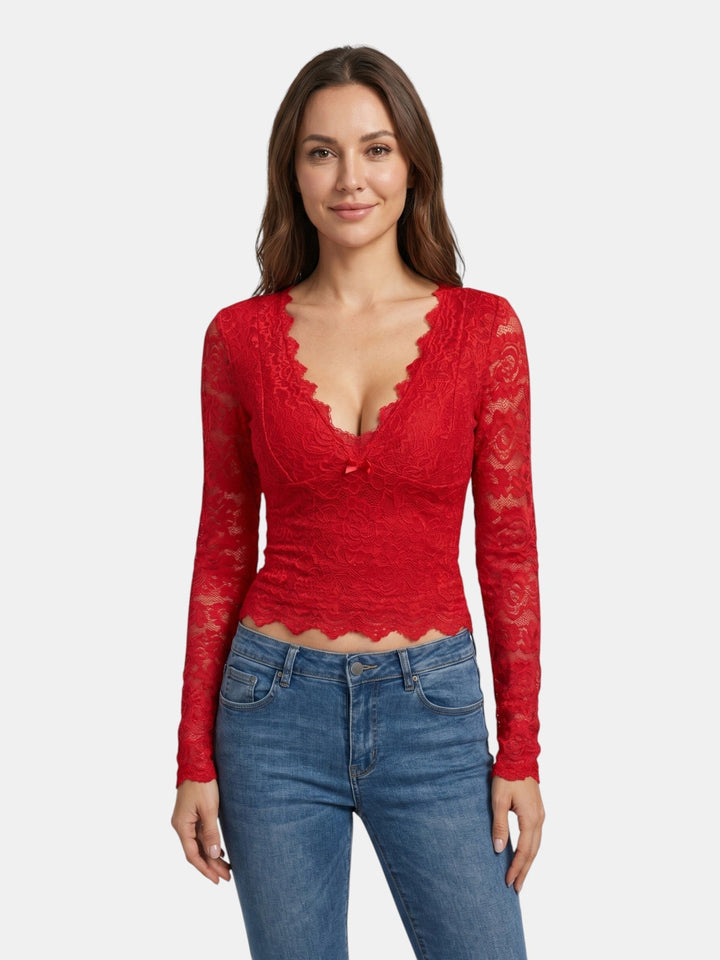 Scarlett — Floral Stretch Lace Crop Top With Elegant Sheer Scalloped Edges