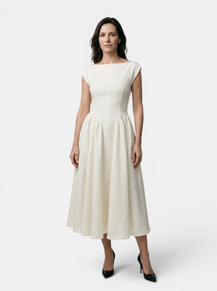 Octavia — Flowing Midi Dress With Elegant Cap Sleeve Fit And Flare Design