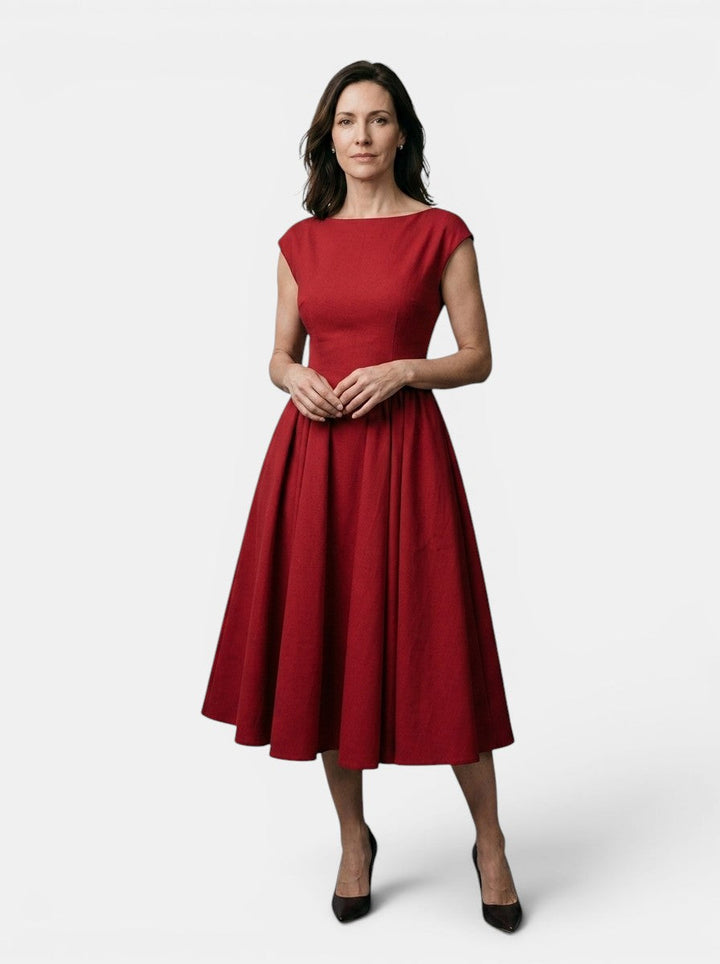 Octavia — Flowing Midi Dress With Elegant Cap Sleeve Fit And Flare Design