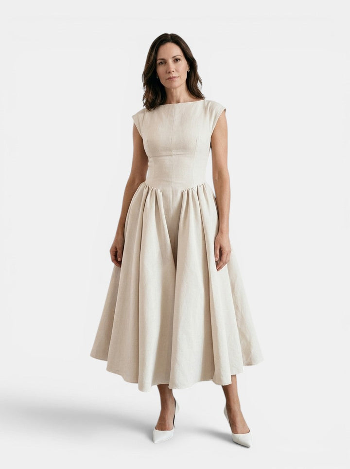 Octavia — Flowing Midi Dress With Elegant Cap Sleeve Fit And Flare Design