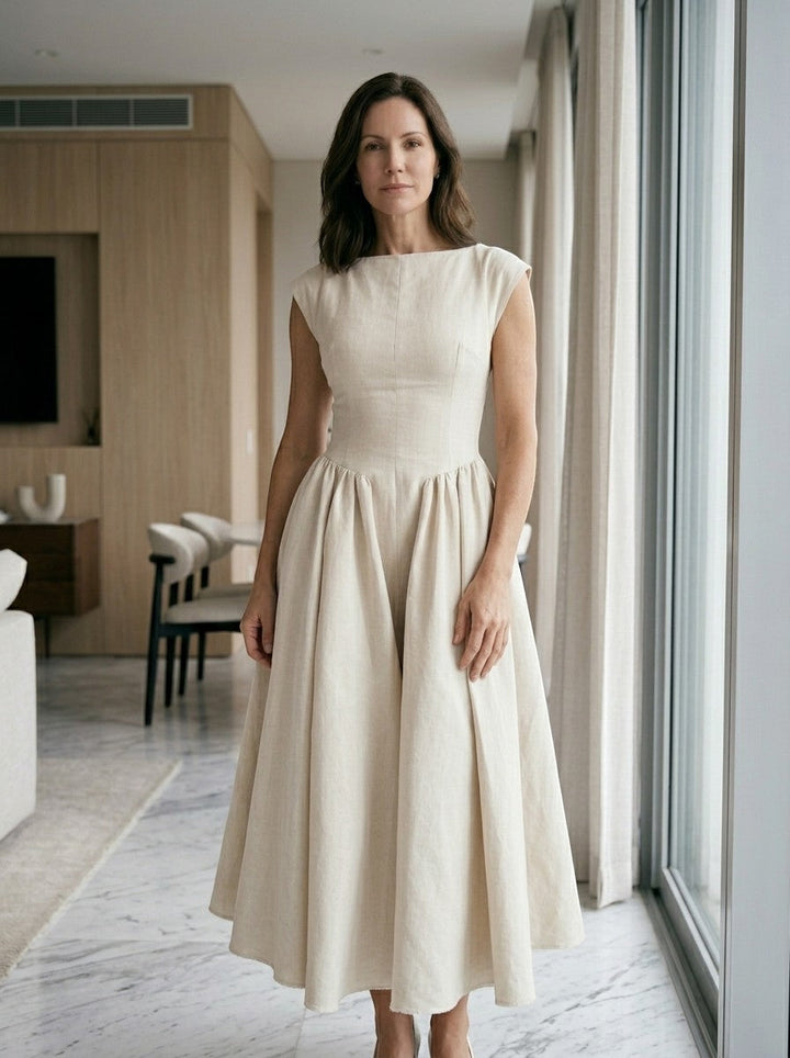 Octavia — Flowing Midi Dress With Elegant Cap Sleeve Fit And Flare Design