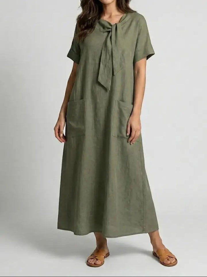 Marguerite — Flowy Fabric Summer Dress With Elegant Chic Neck-Tie Design And Pockets