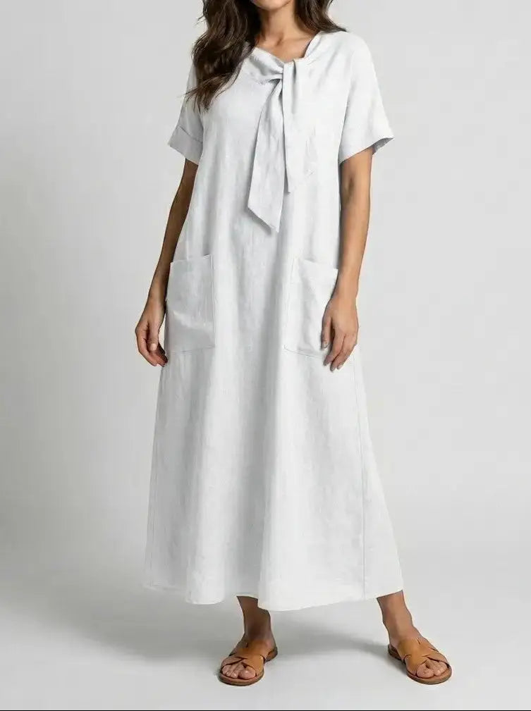 Marguerite — Flowy Fabric Summer Dress With Elegant Chic Neck-Tie Design And Pockets