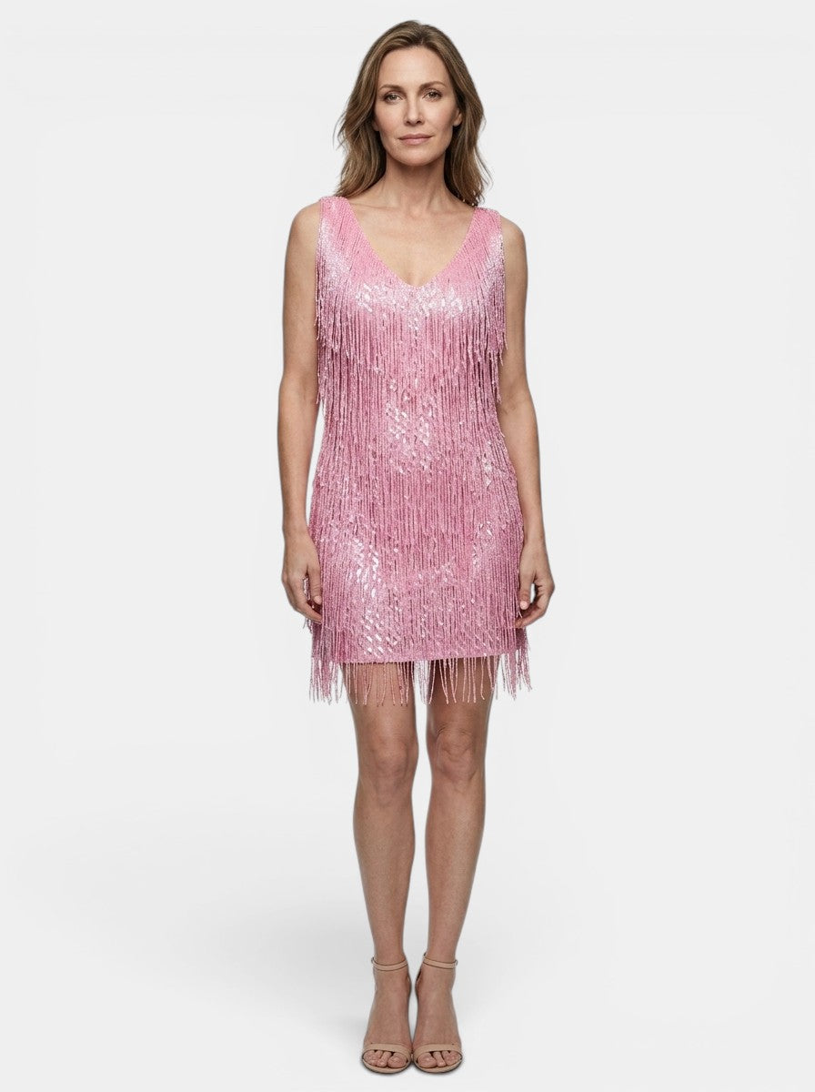 Marisol — Fringe Mini Dress With Vibrant V-Neck Cocktail Design