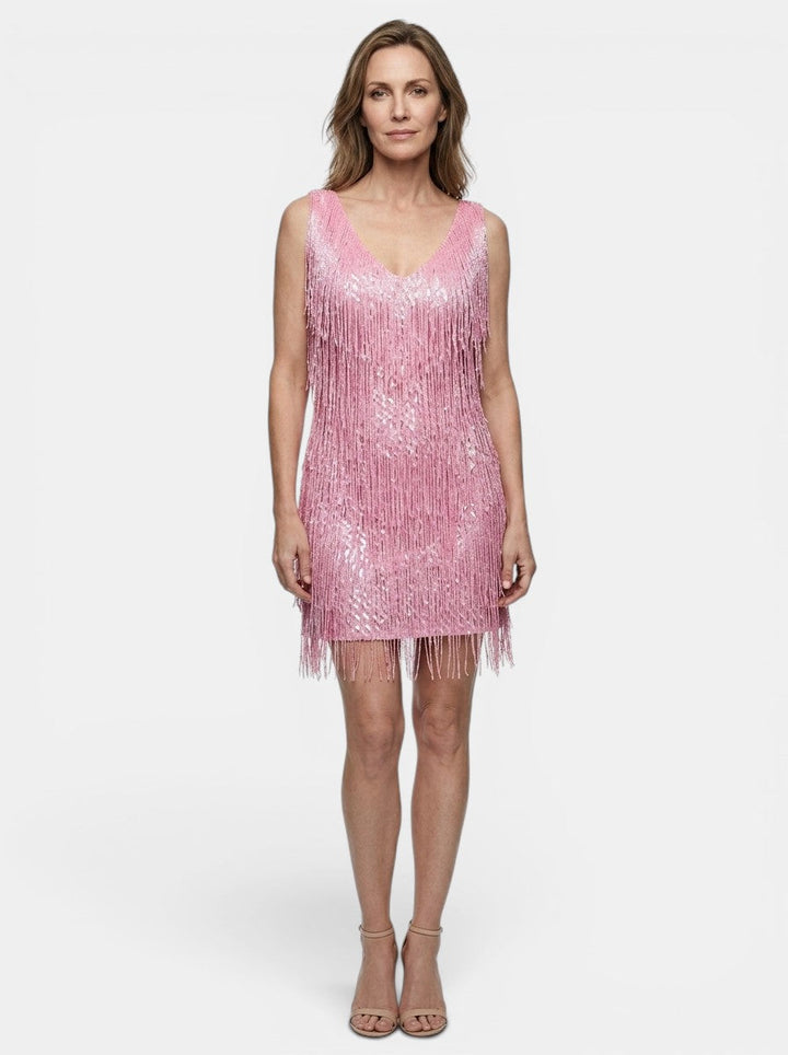 Marisol — Fringe Mini Dress With Vibrant V-Neck Cocktail Design