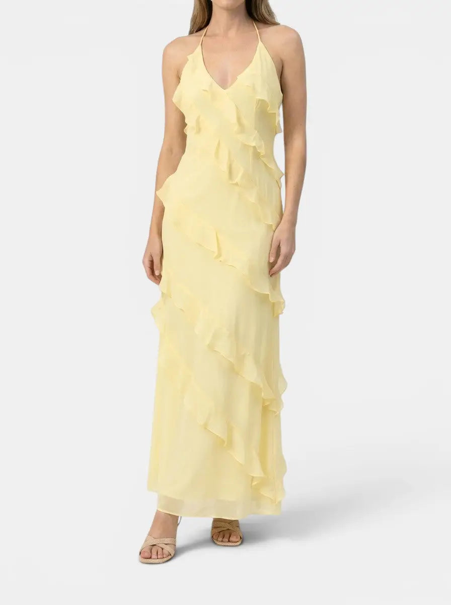 Florentina — Light Fabric Maxi Dress With Elegant Halter Neck Tiered Ruffles For Summer Events