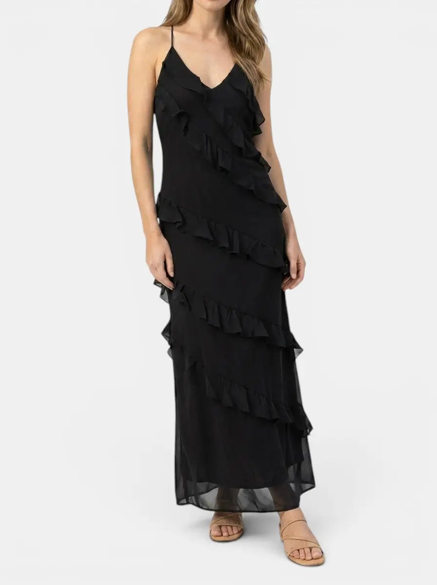 Florentina — Light Fabric Maxi Dress With Elegant Halter Neck Tiered Ruffles For Summer Events
