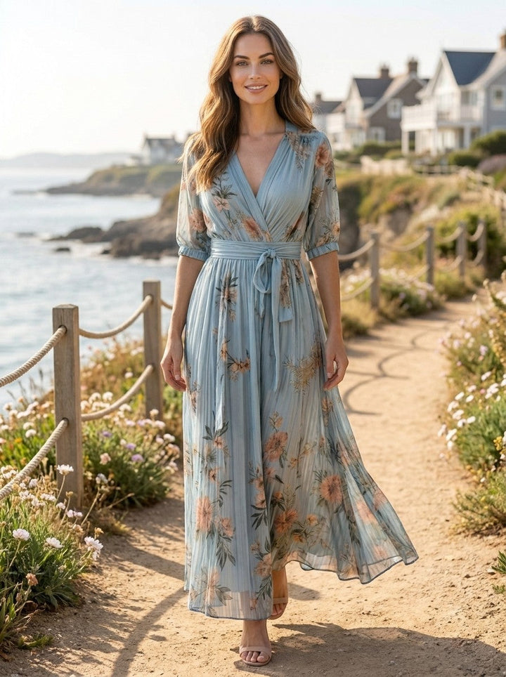 Perpetua — Lightweight Fabric Midi Dress With Flowing V-Neck Summer Style