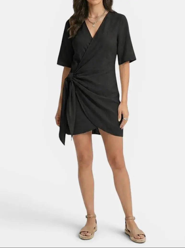Linnet — Linen Blend Wrap Mini Dress With Elegant Asymmetrical Hem Summer Design