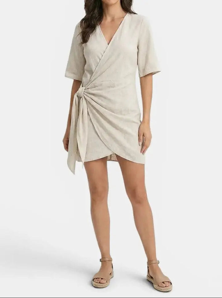 Linnet — Linen Blend Wrap Mini Dress With Elegant Asymmetrical Hem Summer Design
