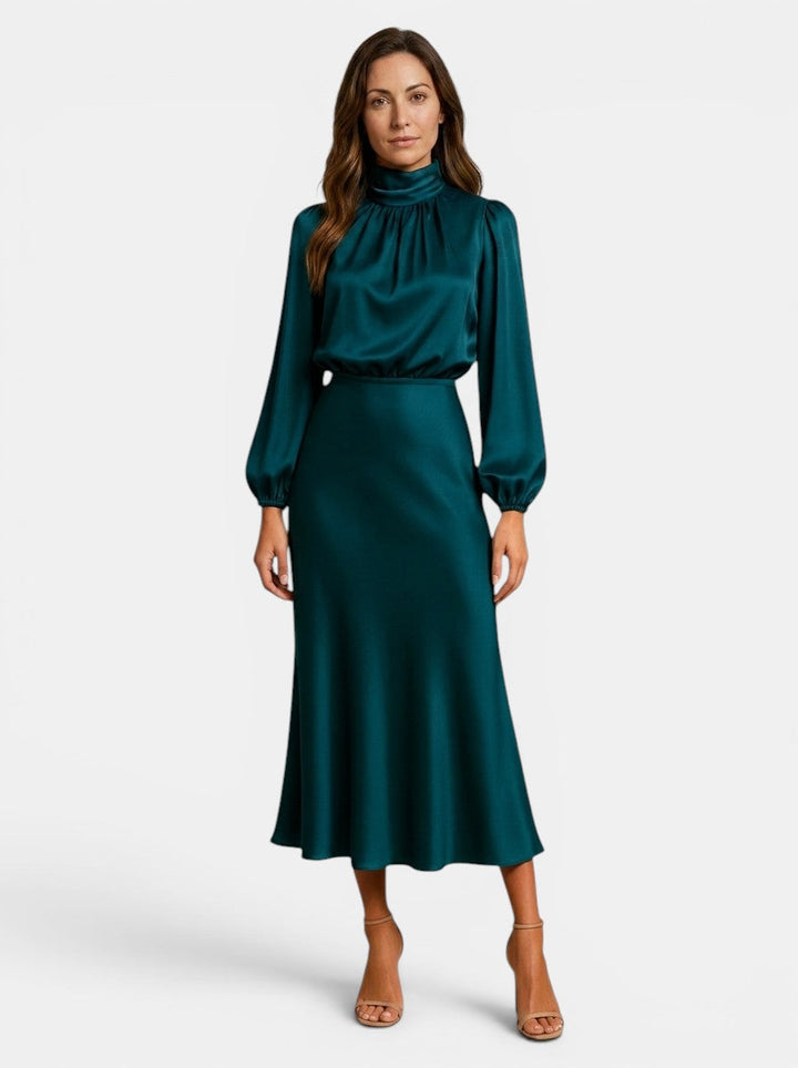 Theodora — Lustrous Midi Dress With Elegant High Neck And Flared Skirt