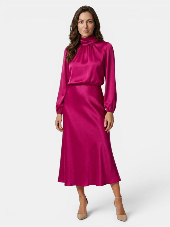 Theodora — Lustrous Midi Dress With Elegant High Neck And Flared Skirt