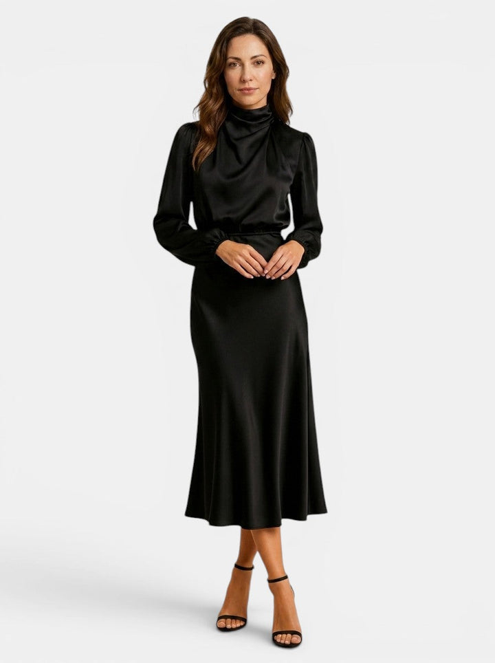 Theodora — Lustrous Midi Dress With Elegant High Neck And Flared Skirt