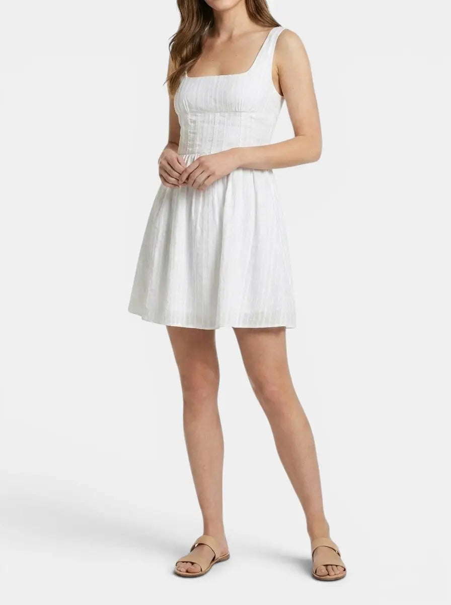 Ivory — Organic Cotton White Mini Summer Dress With Elegant Square Neck And Ruffles