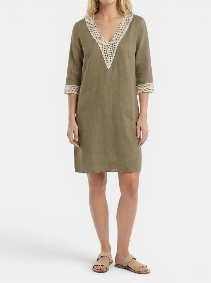 Wilma — Plain Woven Knee-Length Dress With Elegant Round Neck Short Sleeve Design
