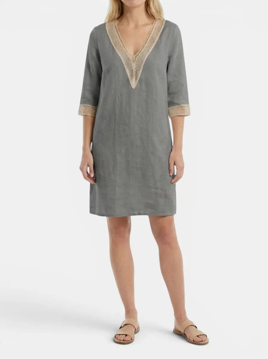 Wilma — Plain Woven Knee-Length Dress With Elegant Round Neck Short Sleeve Design