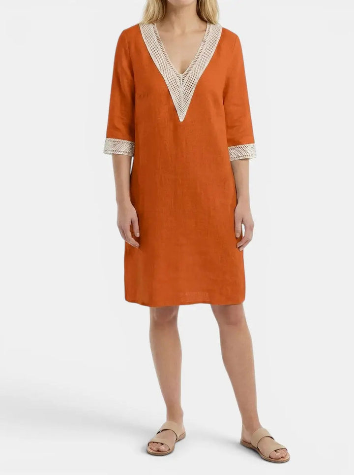 Wilma — Plain Woven Knee-Length Dress With Elegant Round Neck Short Sleeve Design