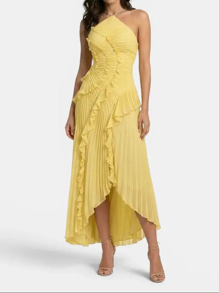 Florabel — Pleated Maxi Dress With Elegant Ruffled Halter Summer Design