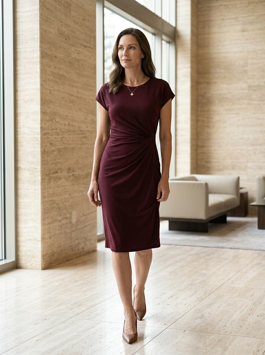 Lavinia — Rich Fabric Bodycon Midi Dress With Elegant Sculpted Wrap For Formal Occasions
