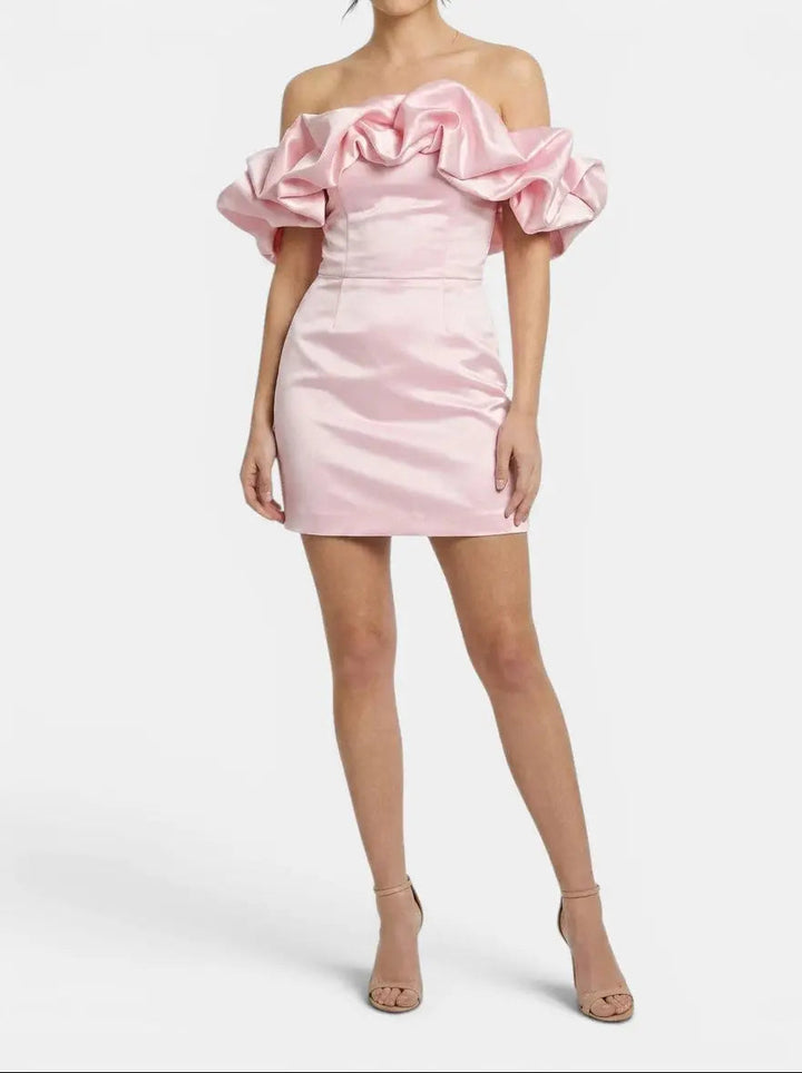 Esme — Satin Off-Shoulder Mini Dress With Elegant Ruffled Cocktail Wear For Summer