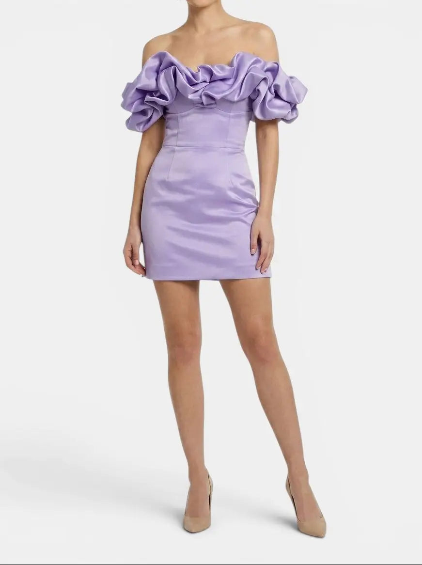 Esme — Satin Off-Shoulder Mini Dress With Elegant Ruffled Cocktail Wear For Summer