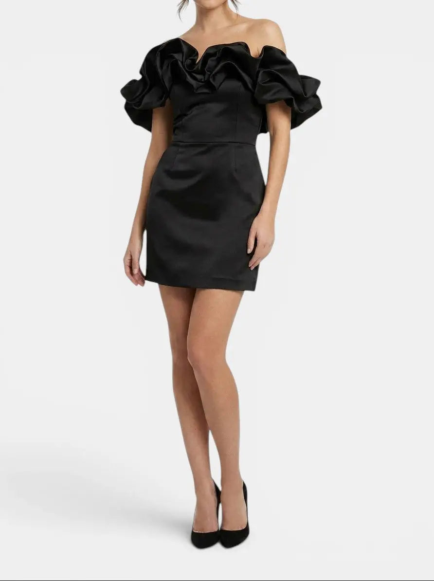 Esme — Satin Off-Shoulder Mini Dress With Elegant Ruffled Cocktail Wear For Summer