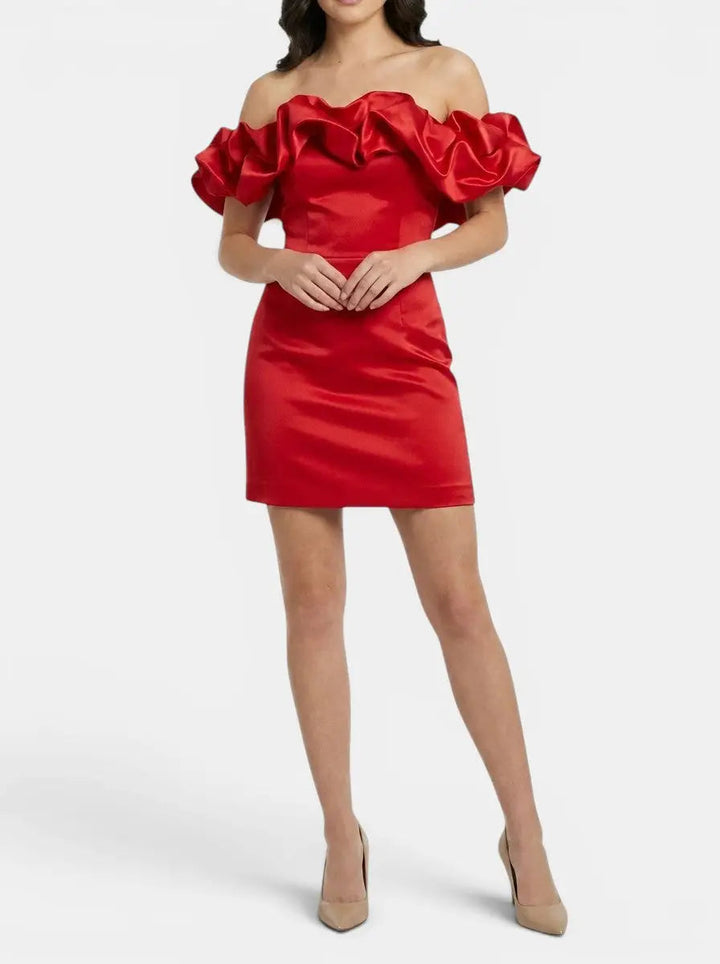 Esme — Satin Off-Shoulder Mini Dress With Elegant Ruffled Cocktail Wear For Summer