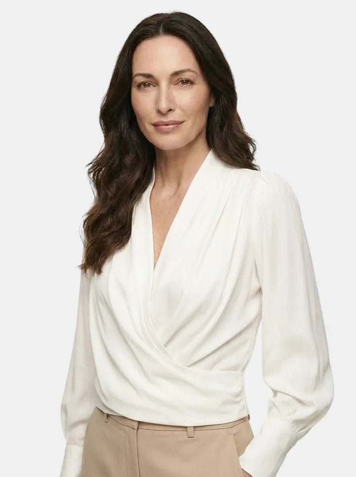 Seraphine — Satin Puff Sleeve Blouse With Elegant V-Neck For All Seasons