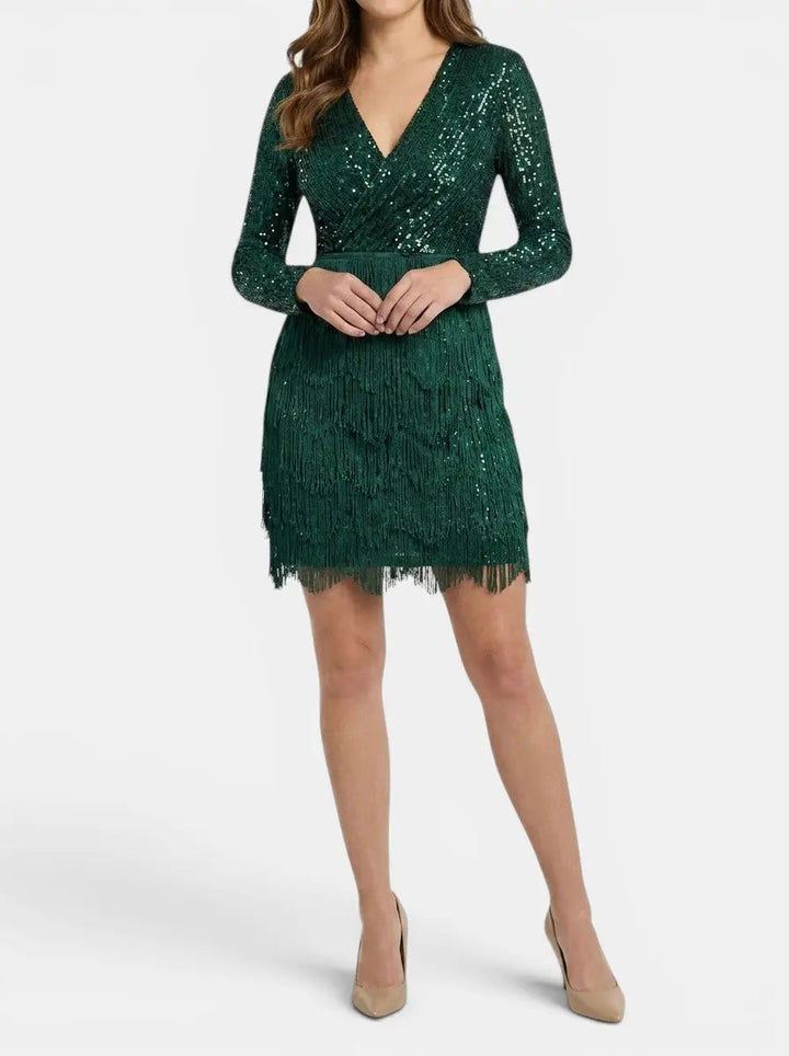 Glimmer — Sequin Mini Dress With Elegant Fitted Cocktail Design And Fringe Detail