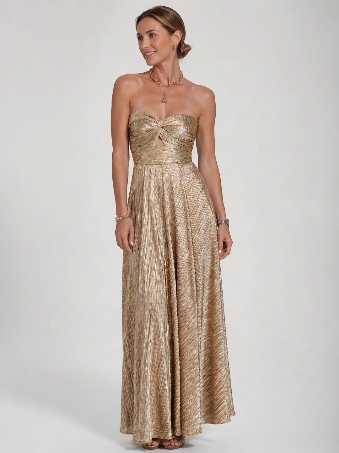 Anastasia — Shiny Fabric Maxi Dress With Elegant Strapless Pleated Evening Design