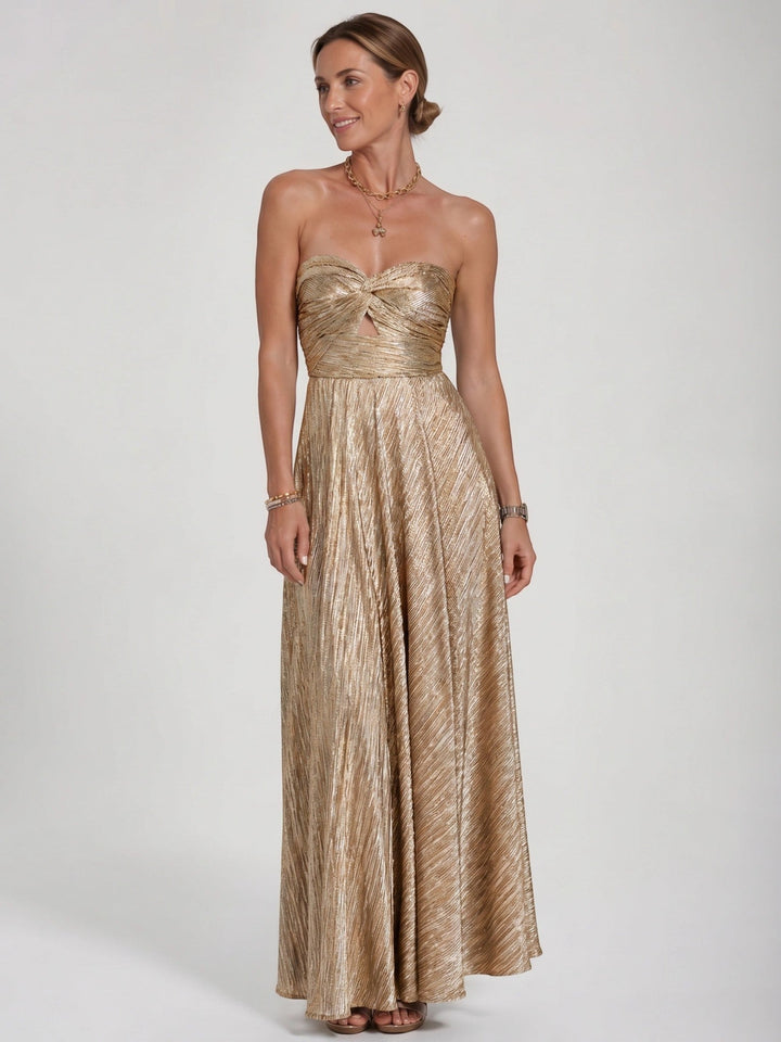 Anastasia — Shiny Fabric Maxi Dress With Elegant Strapless Pleated Evening Design