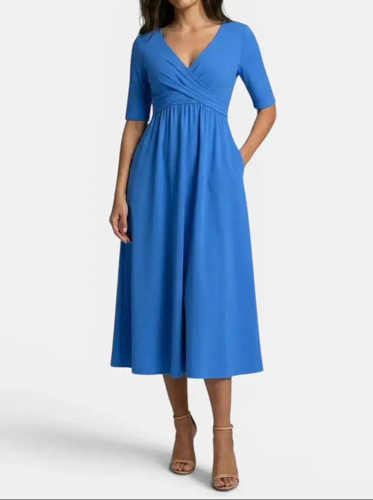 Margot — Smooth Midi Dress With Flattering Wrap Style And Practical Pockets