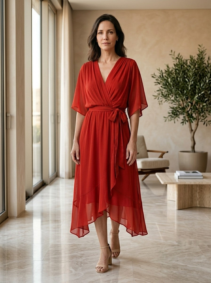Theodosia — Soft Draped Midi Dress With Elegant V-Neck Wrap Cocktail Design