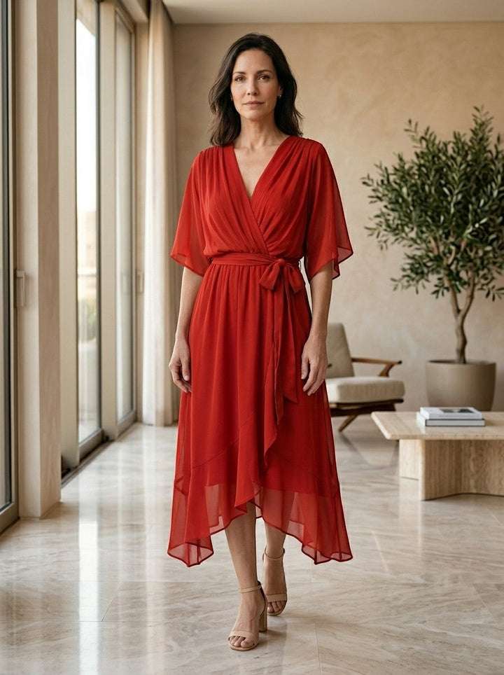 Theodosia — Soft Draped Midi Dress With Elegant V-Neck Wrap Cocktail Design