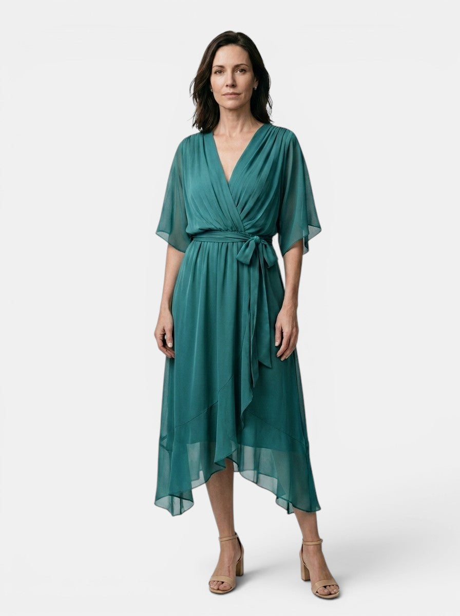 Theodosia — Soft Draped Midi Dress With Elegant V-Neck Wrap Cocktail Design