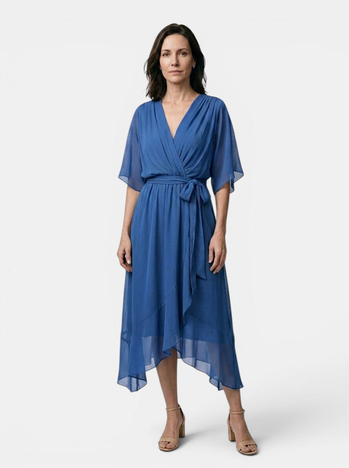 Theodosia — Soft Draped Midi Dress With Elegant V-Neck Wrap Cocktail Design