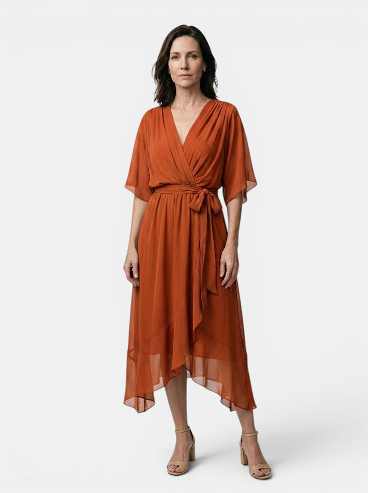 Theodosia — Soft Draped Midi Dress With Elegant V-Neck Wrap Cocktail Design