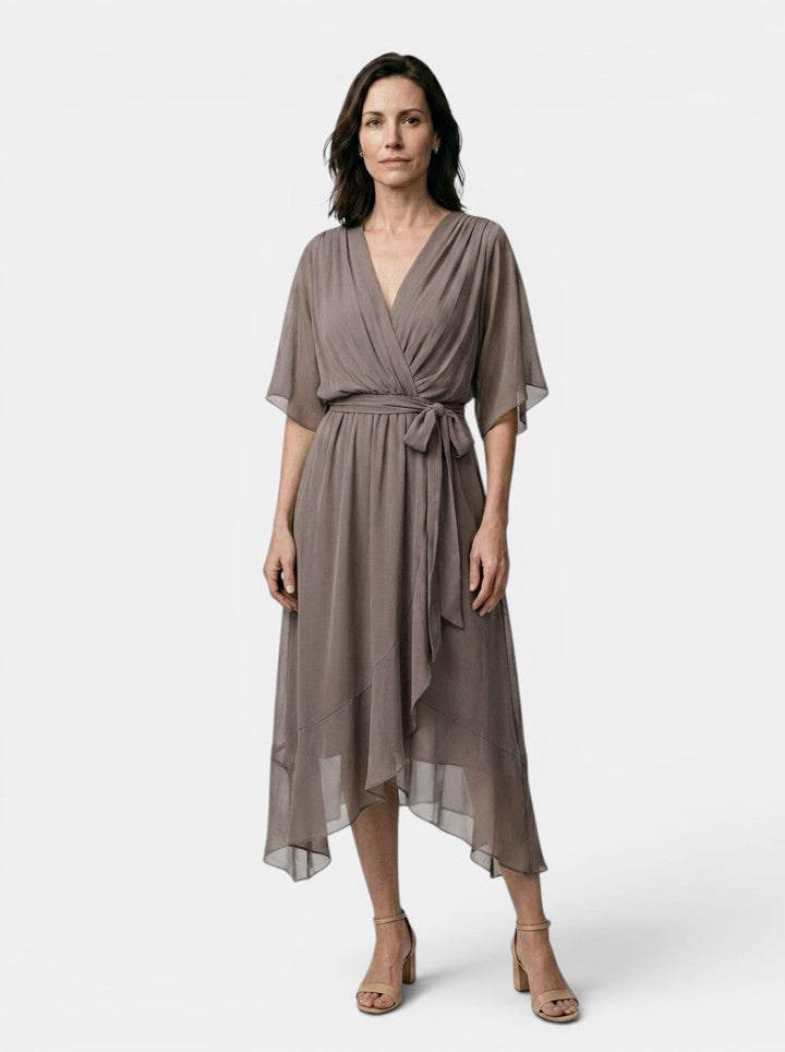 Theodosia — Soft Draped Midi Dress With Elegant V-Neck Wrap Cocktail Design