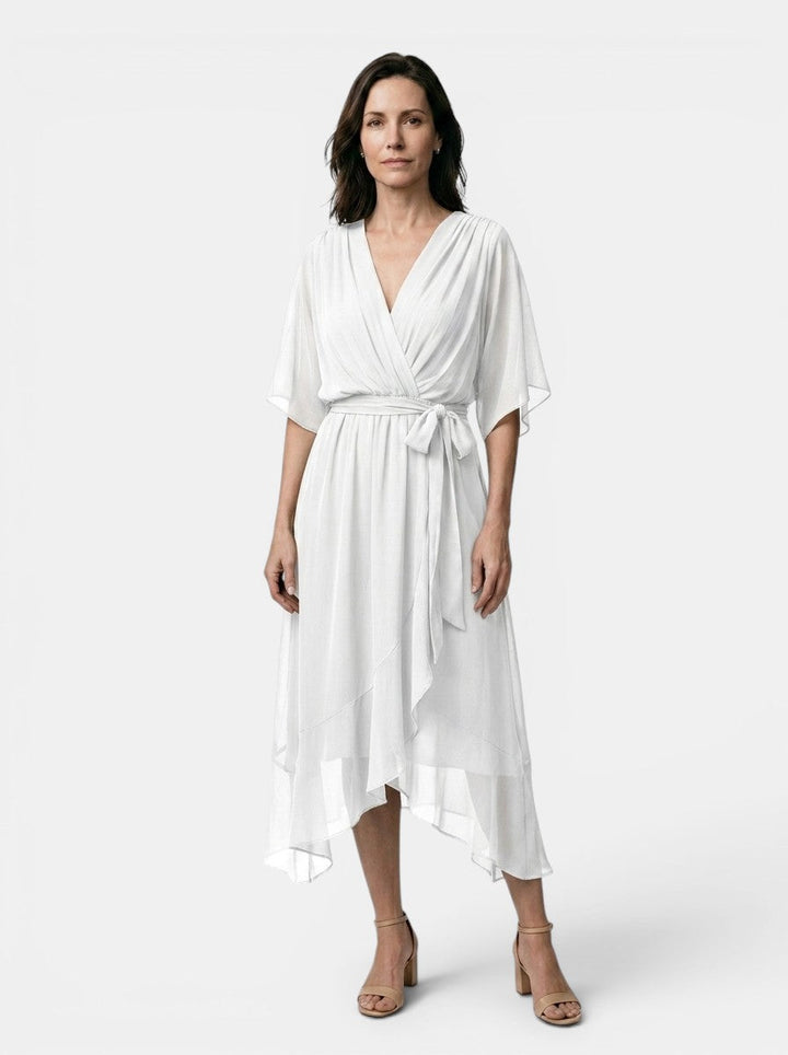 Theodosia — Soft Draped Midi Dress With Elegant V-Neck Wrap Cocktail Design