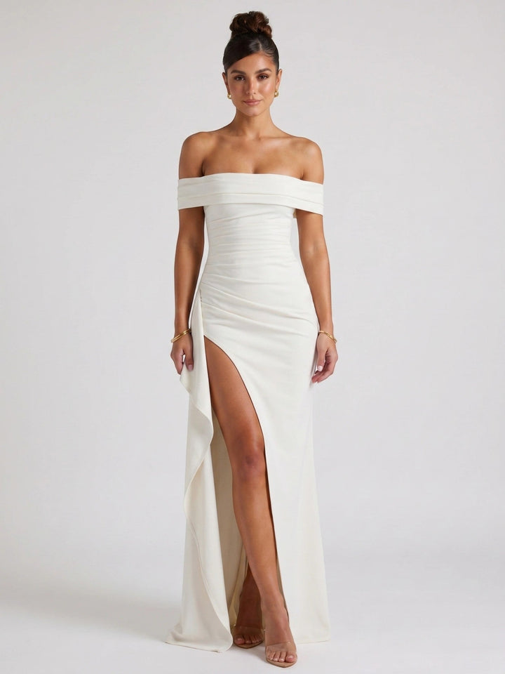 Isadora — Soft Fabric Maxi Dress With Alluring Off-Shoulder Bold Slit Design